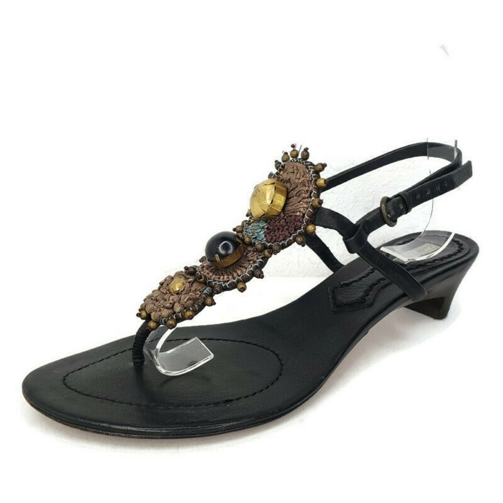 Coral Blue Leather Beaded Stones T Strap Sandals